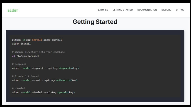 aider website with codes for installing aider via terminal