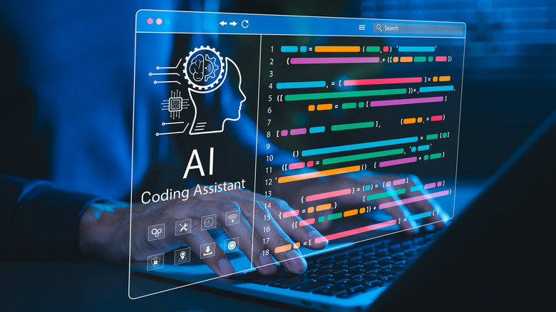 A person typing on a laptop with AI coding assistant