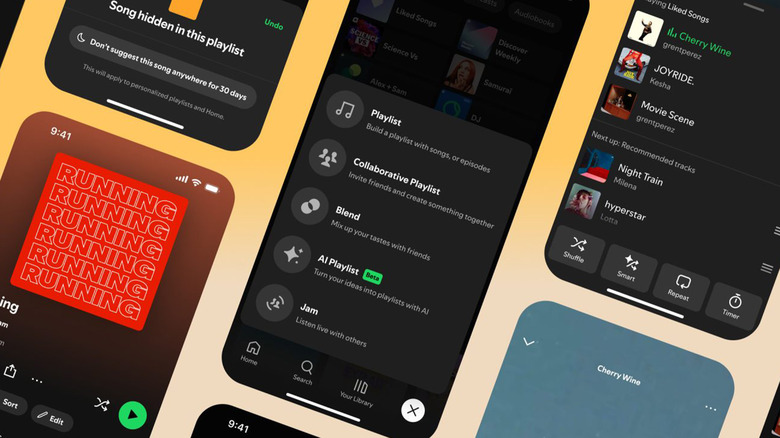 A collage showing several screenshots of Spotify features.