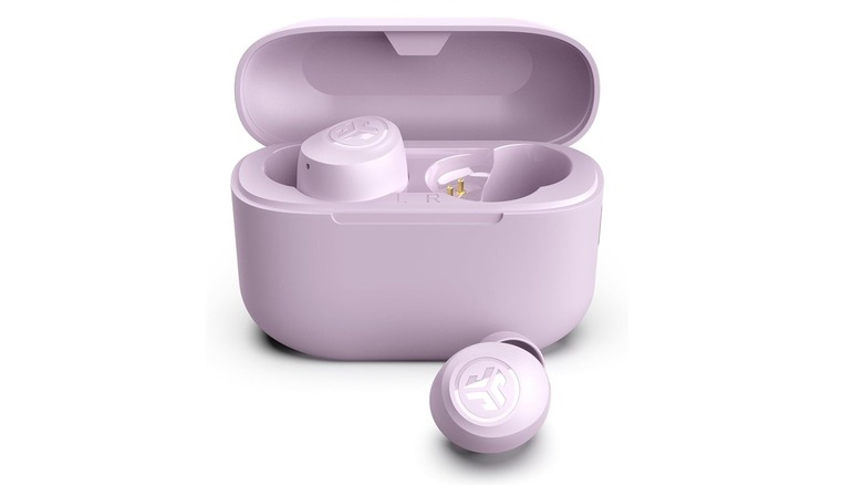 The JLab Go Air Pop+ wireless earbuds on a white background.