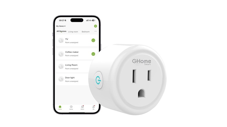 The GHome smart plug with a smartphone showing the GHome app, on a white background.