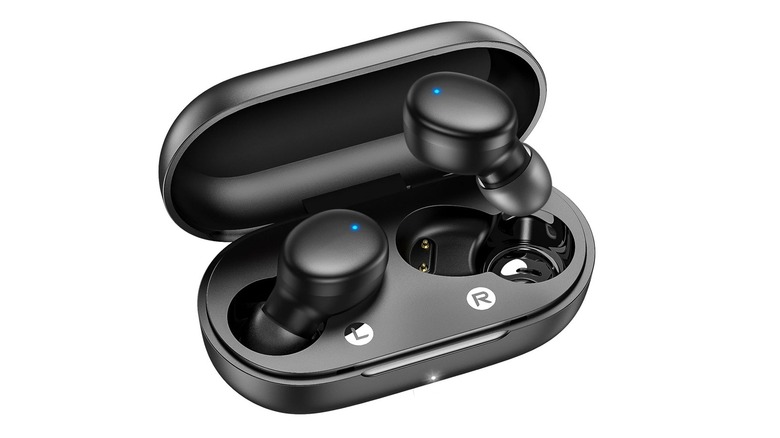 The Kurdene S8 wireless earbuds with their charging case, on a white background.