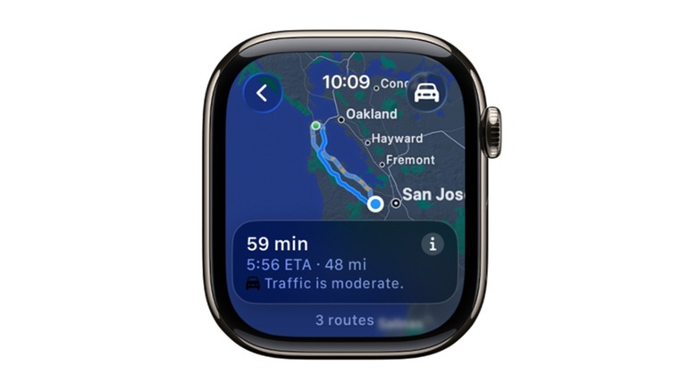 The Maps app on the Apple Watch showing driving directions.