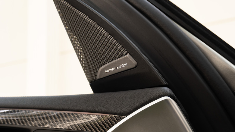 Close-up of a Harman Kardon-branded speaker integrated into a luxury car door panel, showing the audio grille and premium interior trim.