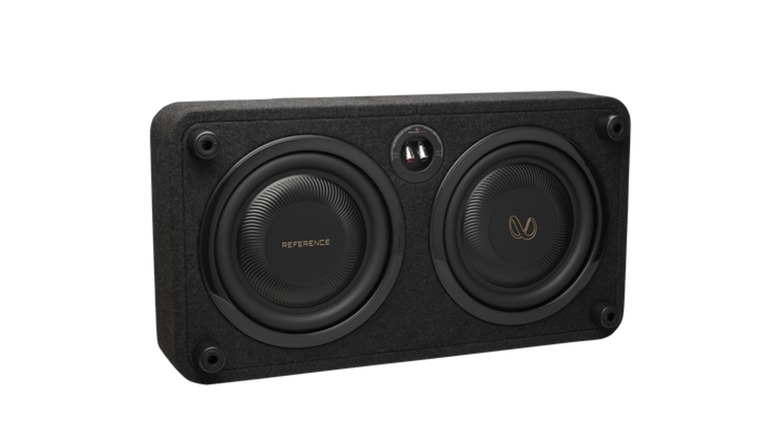 A dual-driver Infinity Reference car audio subwoofer enclosure featuring two large woofers and a central tweeter in a black housing.