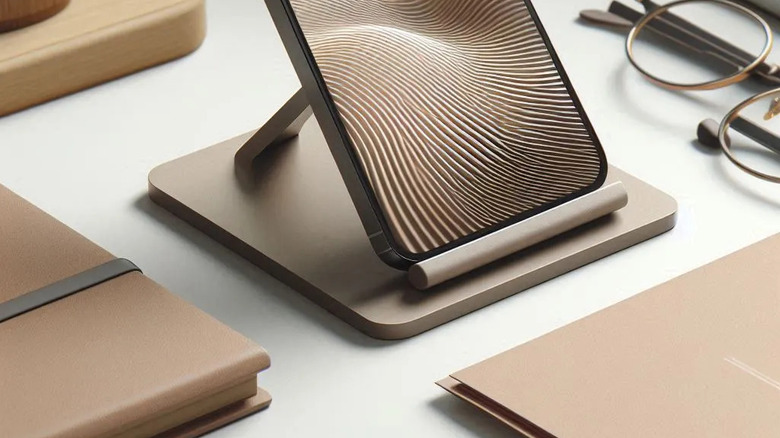 Smartphone stand on an office desk with a smartphone sitting at the center