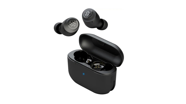 The JLab Go Air Pop ANC wireless earbuds and their charging case on a white background.