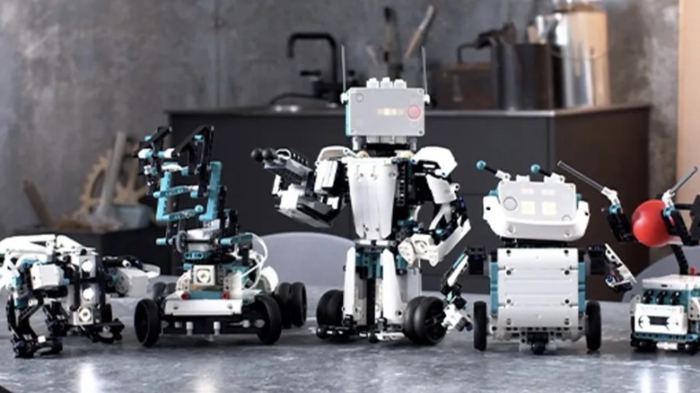 Lego Mindstorms robots in a line on a table