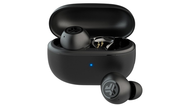 The JLab Go Pop ANC wireless earbuds with their charging case.