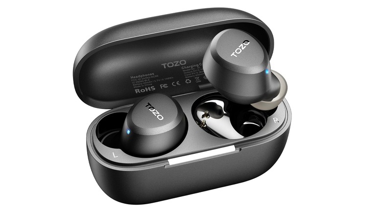 The Tozo A1 wireless earbuds in their charging case.