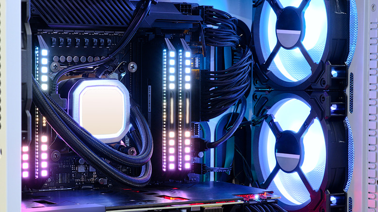 The internal configuration of a PC with cooling fans glowing