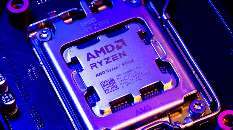 Closeup of an AMD Ryzen CPU installed on a motherboard