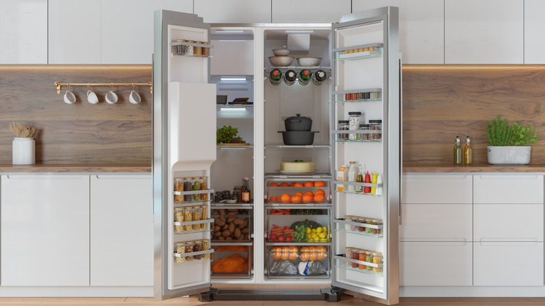 A double-door refrigerator in a kitchen