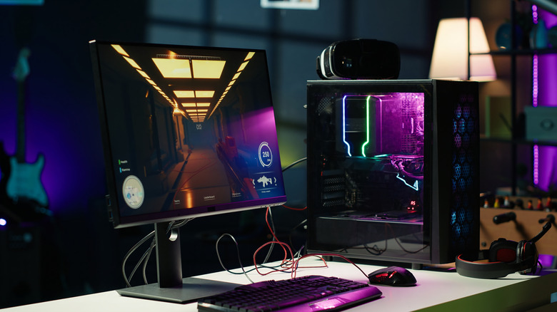 A gaming PC setup with RGB lighting