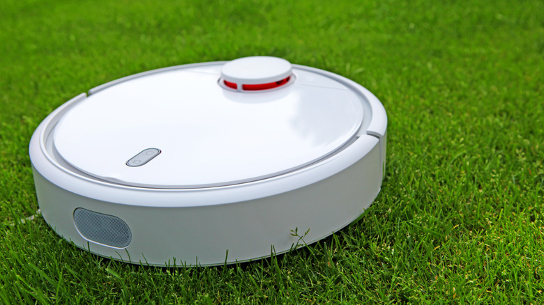 A white robot vacuum on a green lawn outdoors