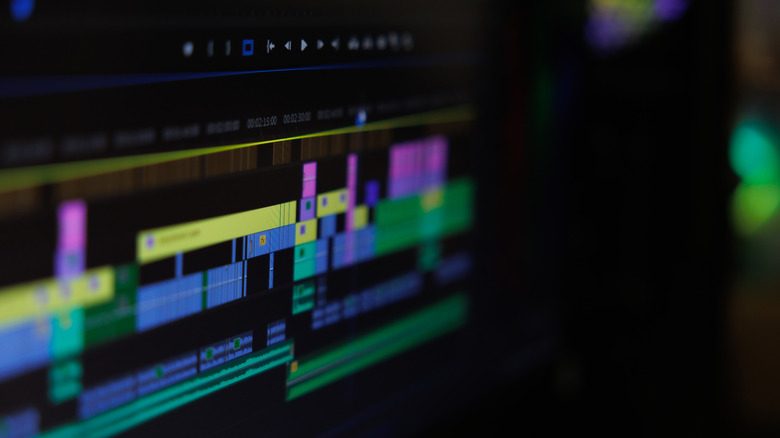 Close up of a video editor with a complex timeline