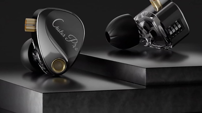 A product shot of the KZ Castor Pro In-ear monitors in black with cable removed