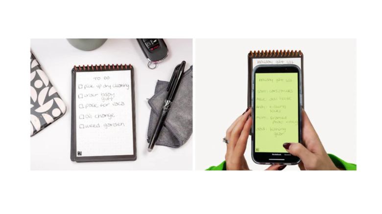 A product render of the Rocketbook Mini notepad, the included cloth and Pilot pen, an an iPhone. Text on the Rocketbook notepad says "write, scan, reuse."