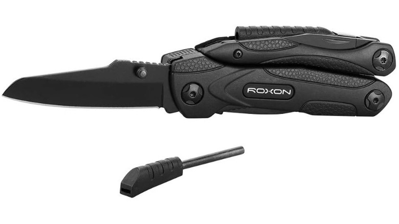 An image render of the Roxon CM1349 Spark Multitool showcasing the blade, textured grip, and flint rod.