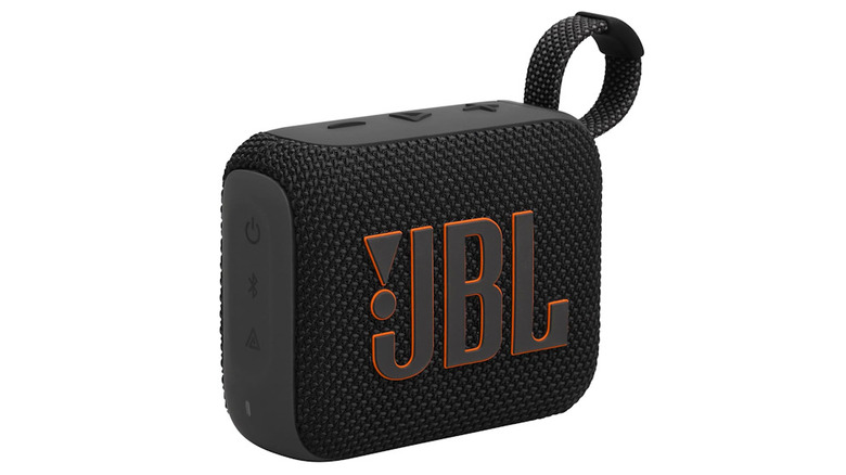JBL Go 4 black speaker on a white background facing forward