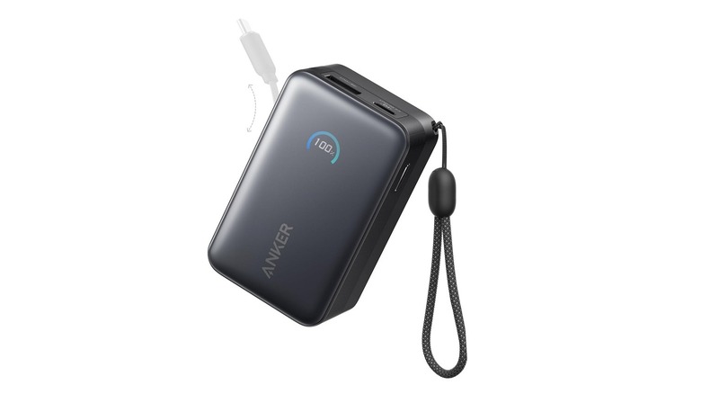 The Anker Nano power bank with its strap, on a white background.