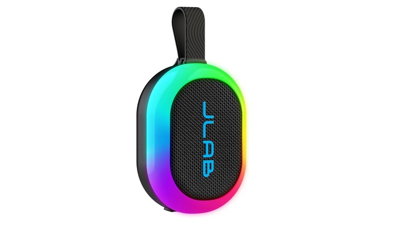 The JLab Pop Party speaker with its RGB lights on, on a white background.
