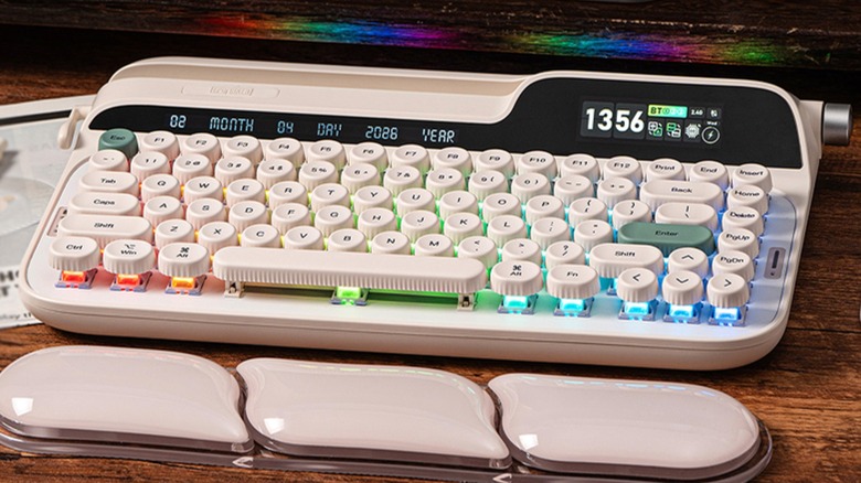 The Epomaker Glyph retro keyboard with the included wrist rest on a wooden surface