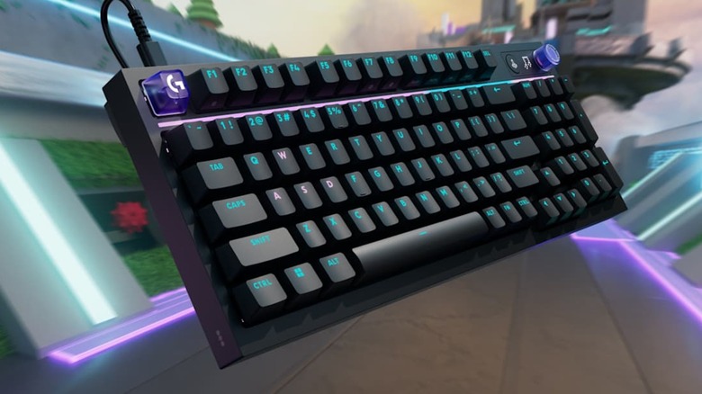 The Logitech G316 X 98 keyboard with a blurred gaming battle arena in the background