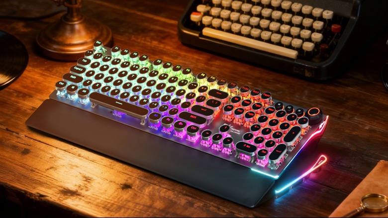 The Royal Kludge RK X108 keyboard on a wooden desk