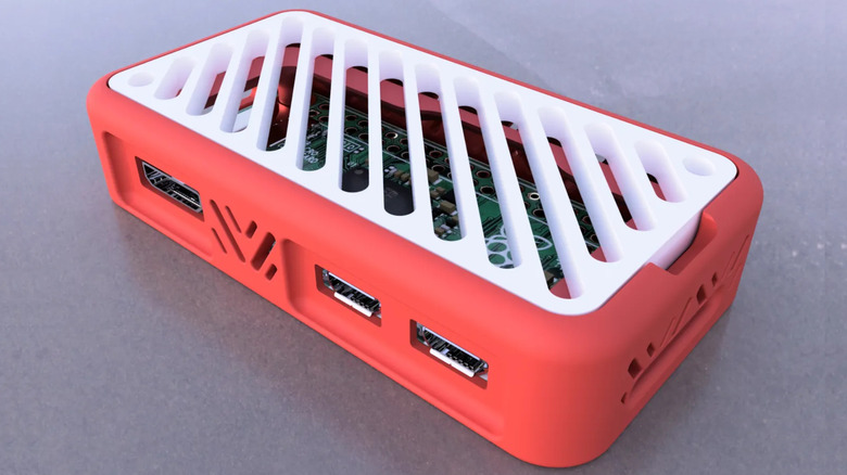 A photo of a red and white Raspberry Pi Zero case.