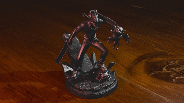 A 3D render of a Chainsaw Man Figurine on a wooden surface.