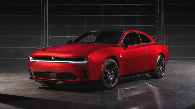 A red Dodge Charger Daytona EV