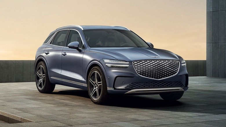 The Genesis Electrified GV70, pictured at sunset