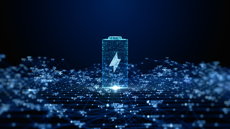 A stylized digital illustration of a glowing battery icon with a lightning bolt symbol