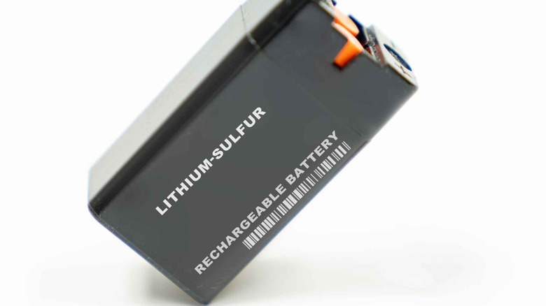 A close-up of a rechargeable battery labeled "Lithium-Sulfur."