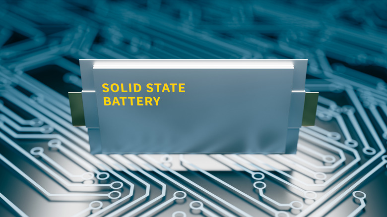 A conceptual rendering of a Solid-state battery module placed on top of a circuit-board-style background.