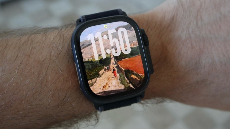 Close-up shot of the Photos Watch Face on an Apple Watch Ultra
