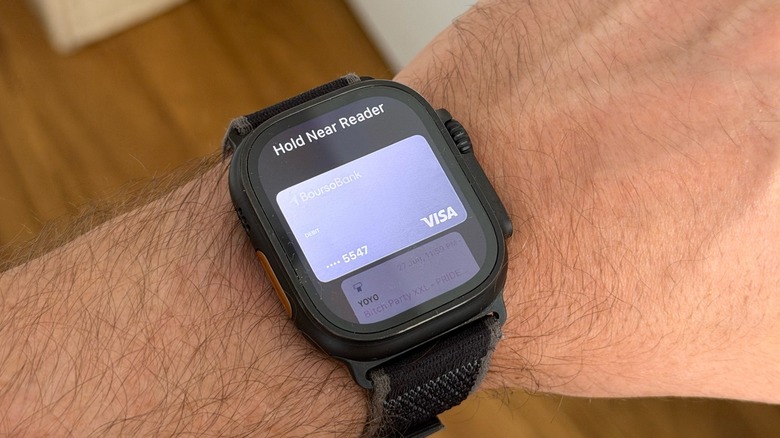 Close-up shot of Apple Pay on an Apple Watch Ultra