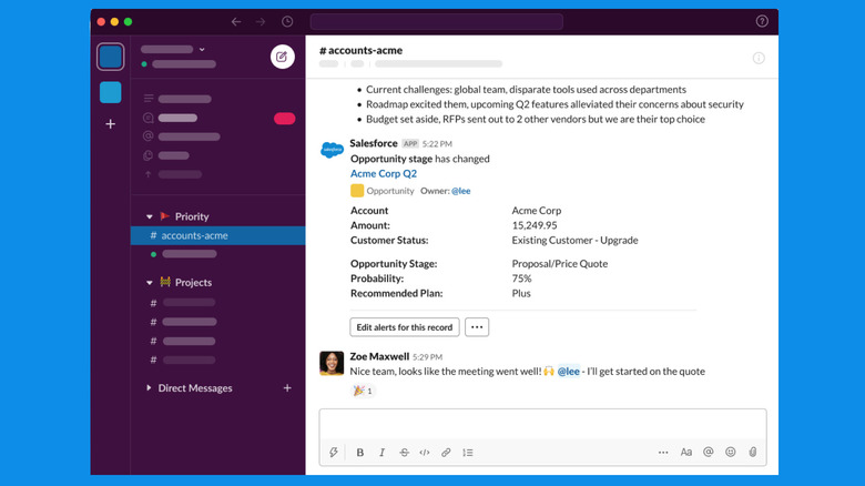 Slack interface showing a Channel with conversation and an app integration.
