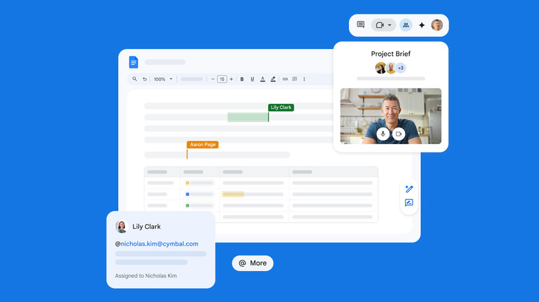 Google Docs showing interface for multiple people collaborating in real time with @ mentions and comments.