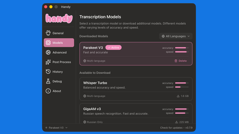 Handy app for Mac showing available speech-to-text transcription AI models.