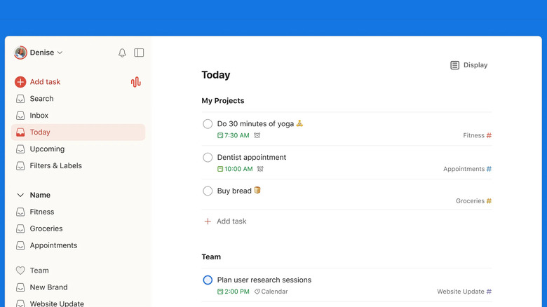 Todoist app interface showing personal tasks and team tasks in Today view.