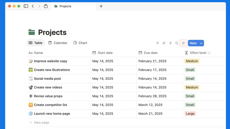Notion showing a database with multiple columns.