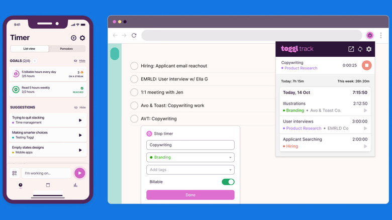 Toggl Track showing time tracking interface on mobile app and desktop browser.