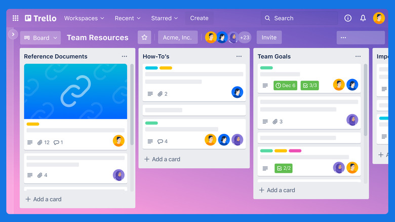 Trello showing a board with multiple lists and cards, featuring attachments and due dates.