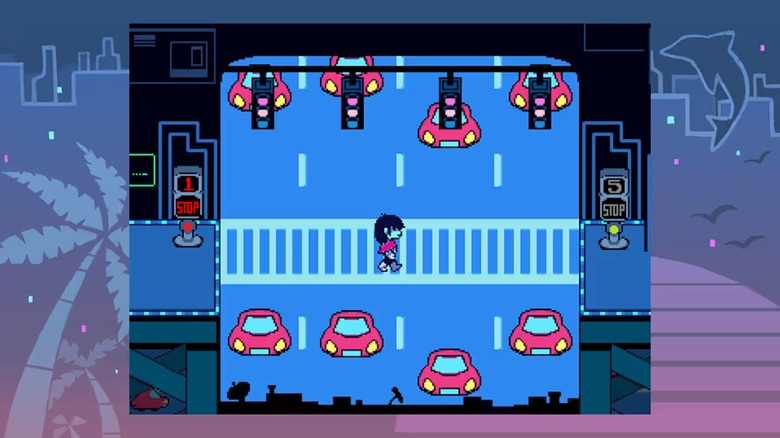 Character using crosswalk in chapter two of "Deltarune" game
