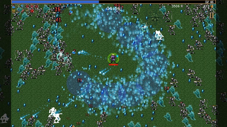Enemies surrounding player in "Vampire Survivors" game