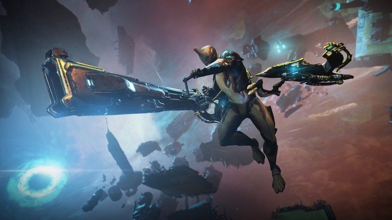 Character using archwing in "Warframe" game mission