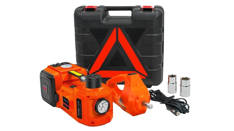 The contents of the E-Heelp 5T electric hydraulic jack set against a white background.
