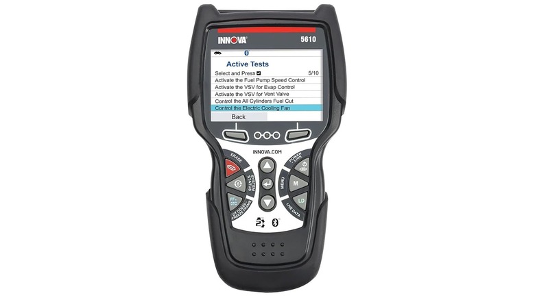 The Innova 5610 OBD-II scanner showing its menu on its screen, against a white background.